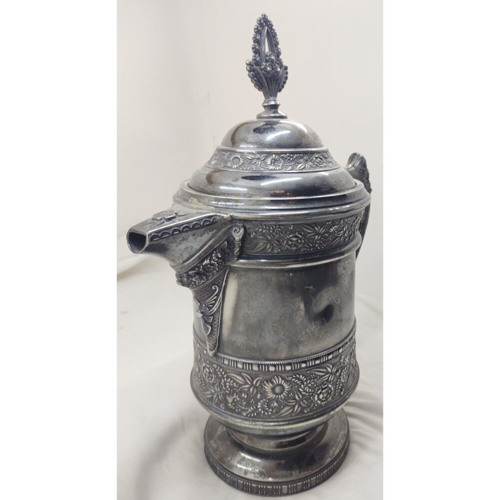 Victorian Repoussé Silverplate Ice Water Pitcher Hinged Lid Ornate Heavy